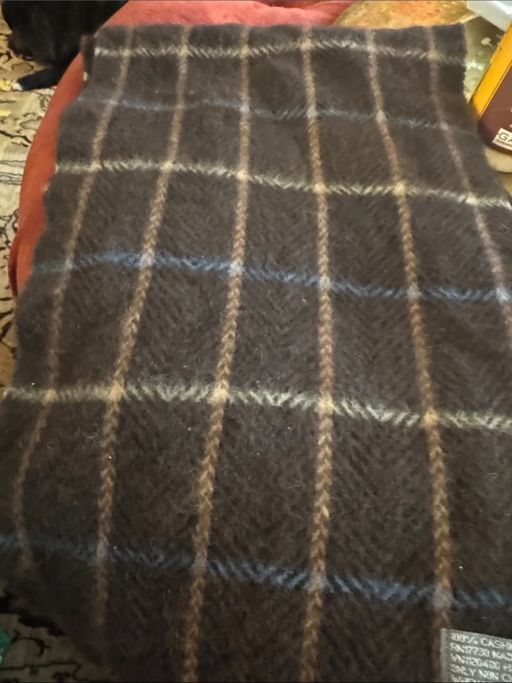 Men’s Brown 100% Cashmere Plaid Wool Blend Scarf with Fringe